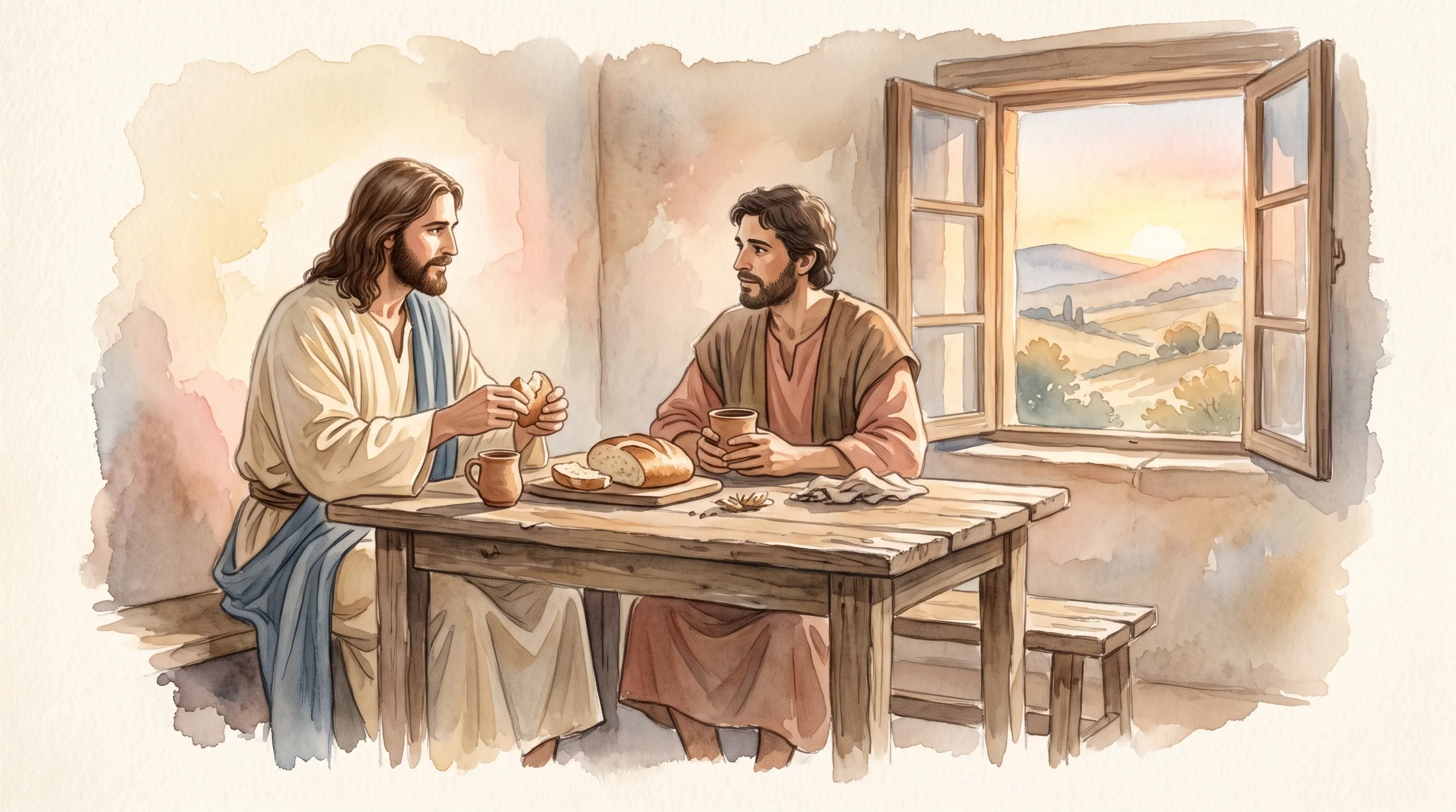 Watercolor illustration of Jesus sharing bread and a cup at a table with a man by an open window at sunrise