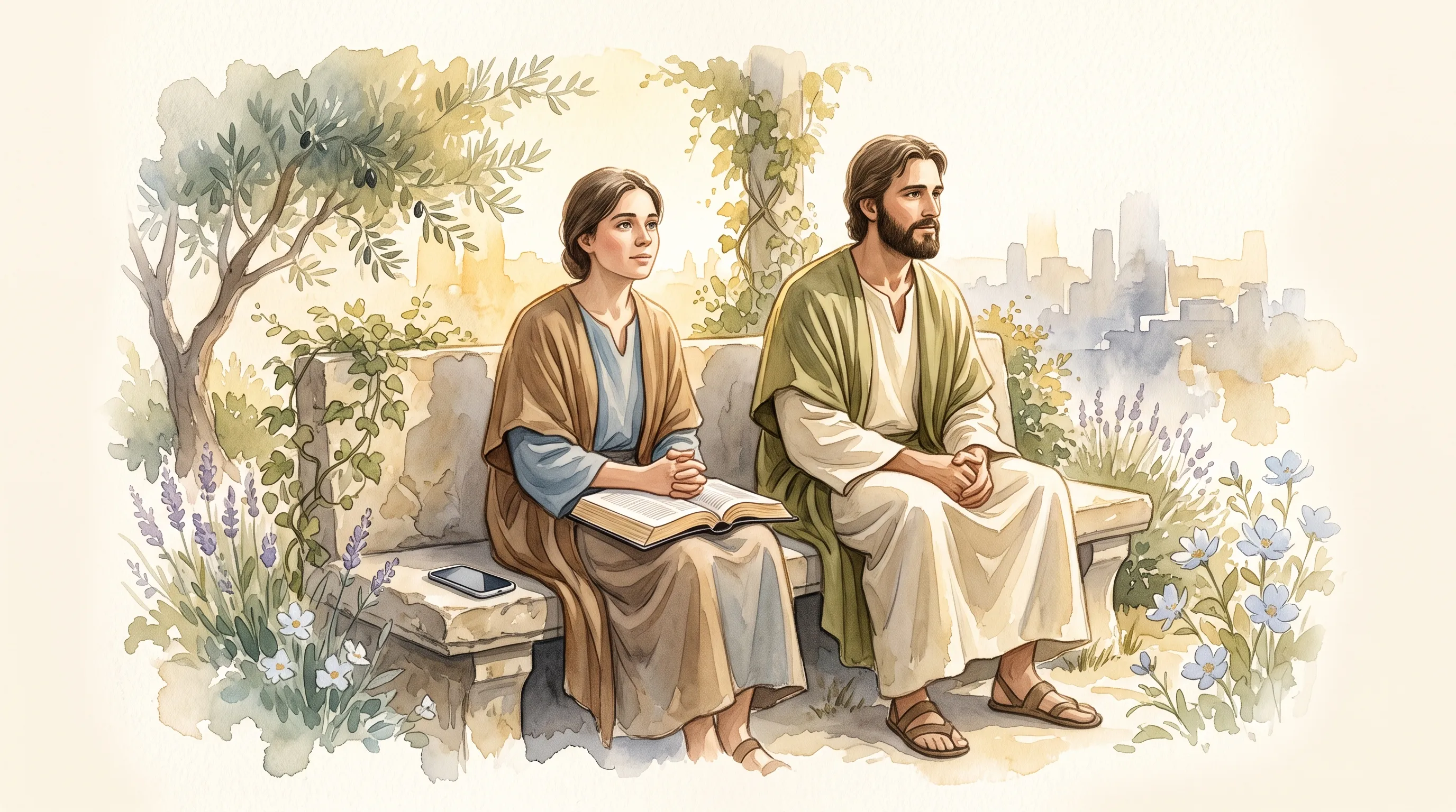 Watercolor illustration of a woman and Jesus sitting in stillness on a garden bench with an open Bible